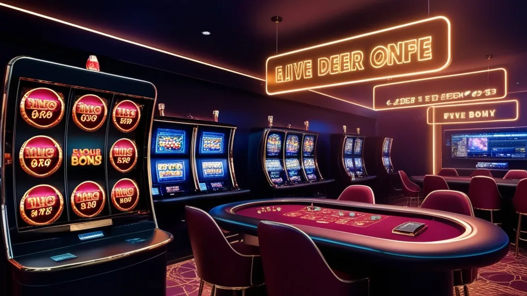 Μπλοκ μπόνους ανάμεσα σε slots και live τραπέζι σε σκοτεινό καζίνο