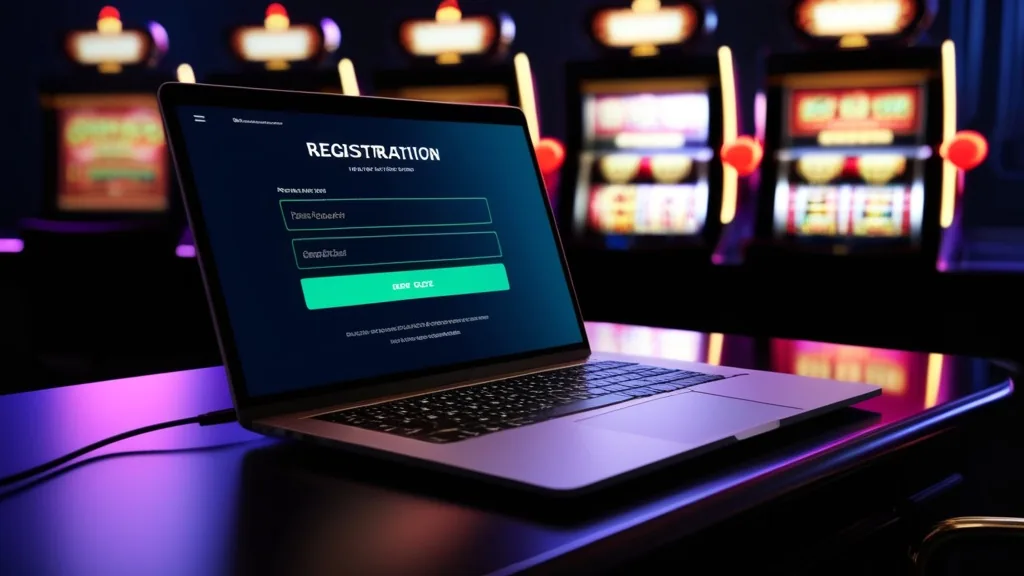 Φόρμα εγγραφής με πεδίο promo code σε σκοτεινό καζίνο με νεον φώτα